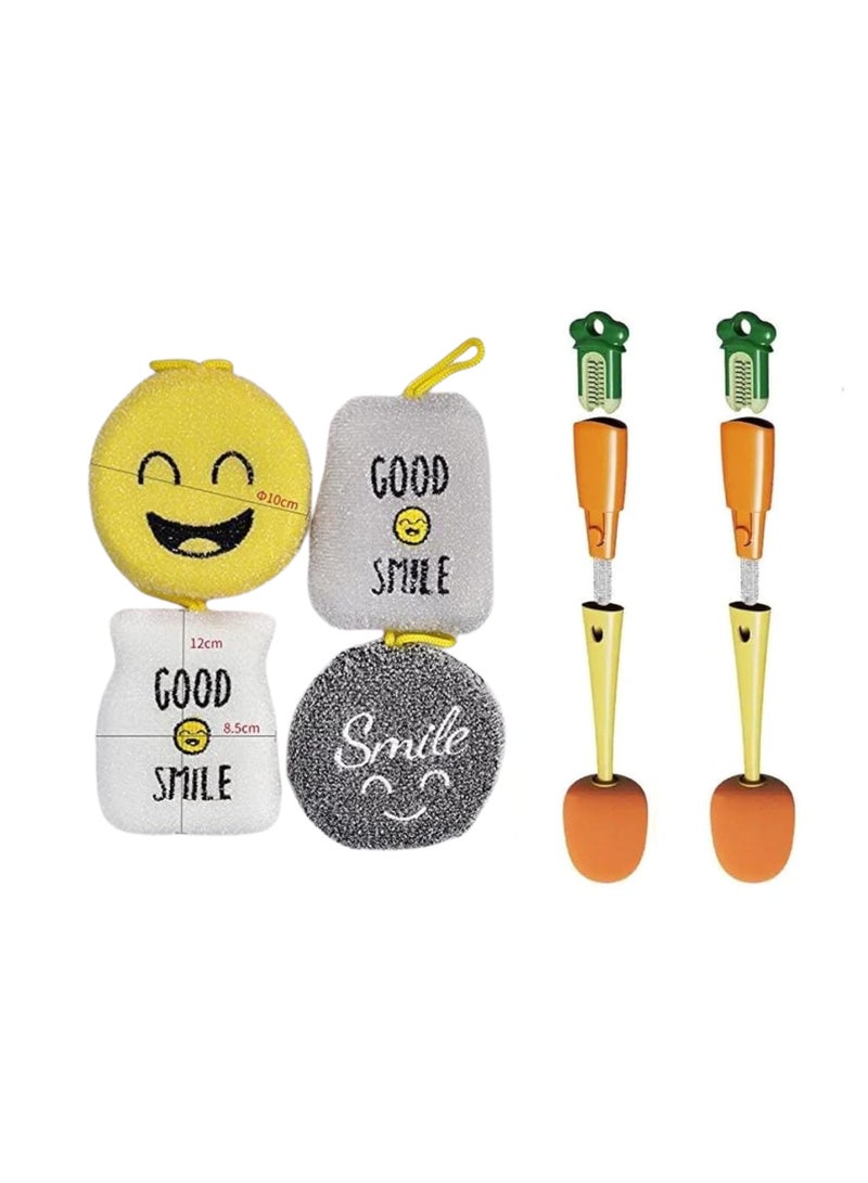 Magic Smile Face Dish Washing Sponge & 02 Multifunctional Bottle Mouth Cup Brush, 3 in 1 - Image 1