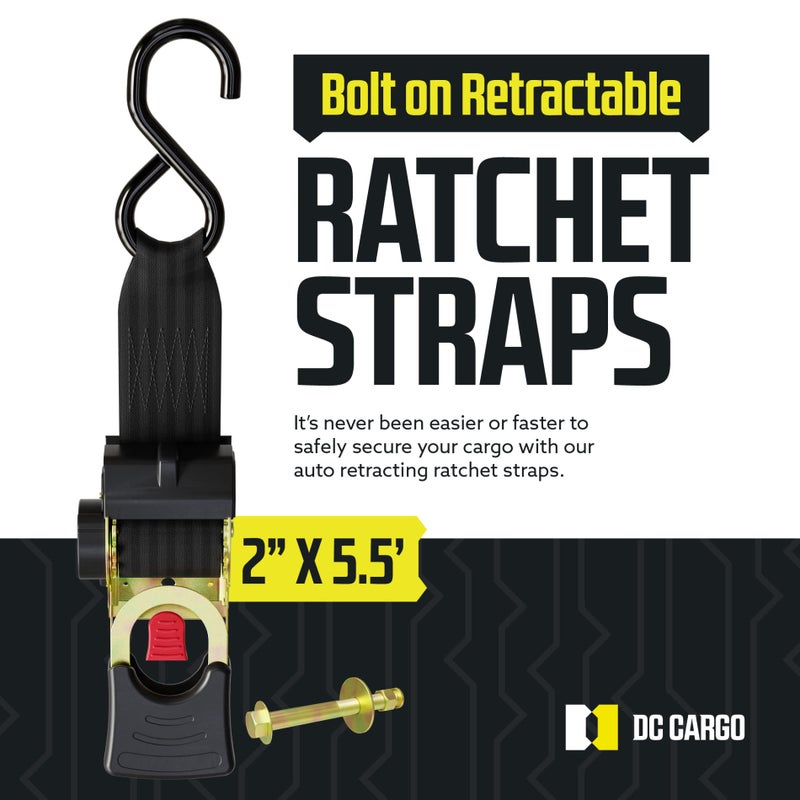 DC Cargo Mall Bolt-on Auto Retractable Ratchet Straps (2-Pack) 2â€ x 5.5ft, Super Heavy Duty, 4,033lb Break Strength â€“ Tie Down Straps for Boat, Jet Ski, RZR, ATV - Image 2