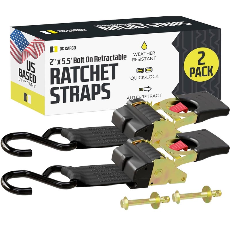 DC Cargo Mall Bolt-on Auto Retractable Ratchet Straps (2-Pack) 2â€ x 5.5ft, Super Heavy Duty, 4,033lb Break Strength â€“ Tie Down Straps for Boat, Jet Ski, RZR, ATV - Image 1