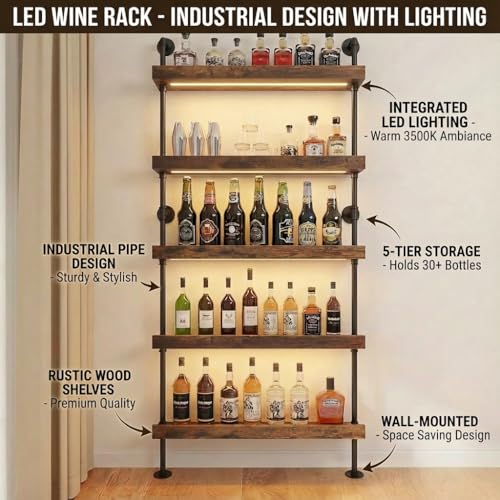 Woskar 5-Tier Wall Mounted Wine Rack with LED, Industrial Pipe Bar Shelf for Wine Bottle Storage, Industrial Pipe Shelves Shelf Shelving for Home Bar Dining Room Kitchen (24INCH-LED) - Image 4