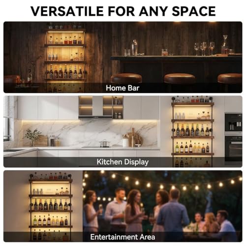 Woskar 5-Tier Wall Mounted Wine Rack with LED, Industrial Pipe Bar Shelf for Wine Bottle Storage, Industrial Pipe Shelves Shelf Shelving for Home Bar Dining Room Kitchen (24INCH-LED) - Image 2