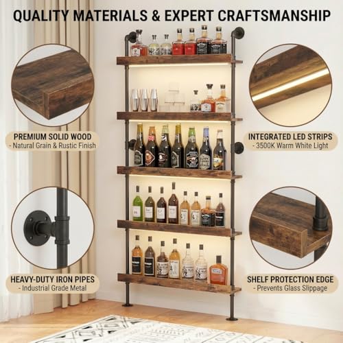 Woskar 5-Tier Wall Mounted Wine Rack with LED, Industrial Pipe Bar Shelf for Wine Bottle Storage, Industrial Pipe Shelves Shelf Shelving for Home Bar Dining Room Kitchen (24INCH-LED) - Image 3