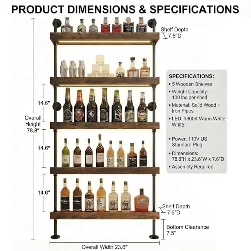 Woskar 5-Tier Wall Mounted Wine Rack with LED, Industrial Pipe Bar Shelf for Wine Bottle Storage, Industrial Pipe Shelves Shelf Shelving for Home Bar Dining Room Kitchen (24INCH-LED) - Image 5