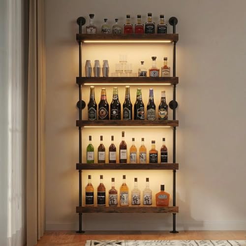 Woskar 5-Tier Wall Mounted Wine Rack with LED, Industrial Pipe Bar Shelf for Wine Bottle Storage, Industrial Pipe Shelves Shelf Shelving for Home Bar Dining Room Kitchen (24INCH-LED) - Image 1