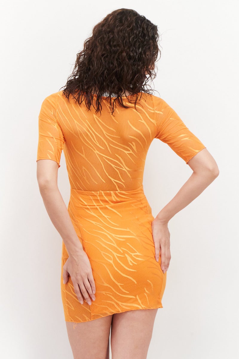 Ei8th Hour Women U Neck Short Sleeve Mini Dress, Orange - Image 3