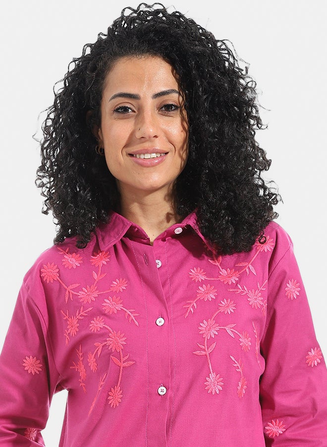 Andora Embrodired Long Sleeves Turned Down Collar Shirts _ Dark Pink - Image 3