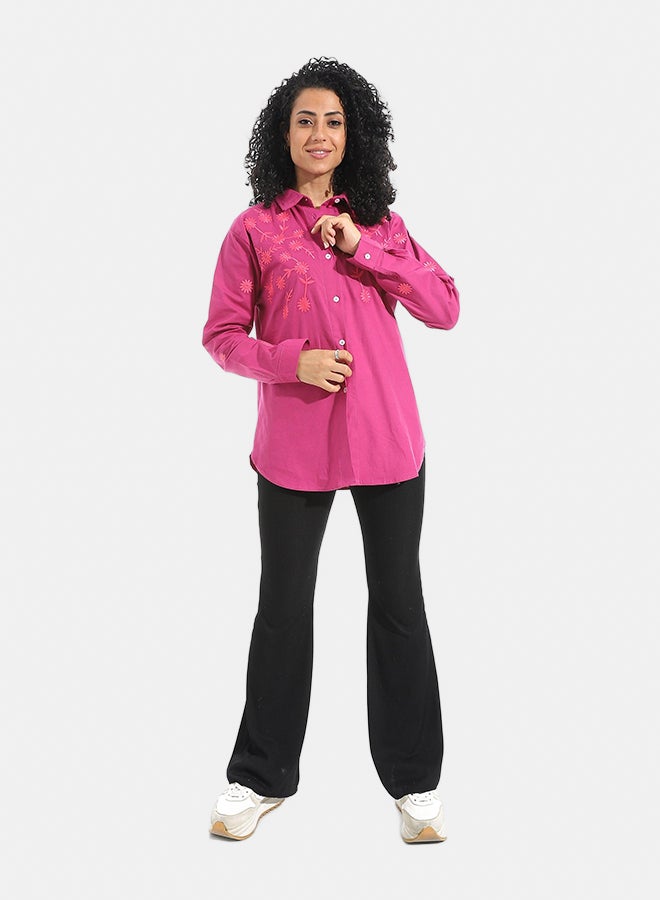 Andora Embrodired Long Sleeves Turned Down Collar Shirts _ Dark Pink - Image 5