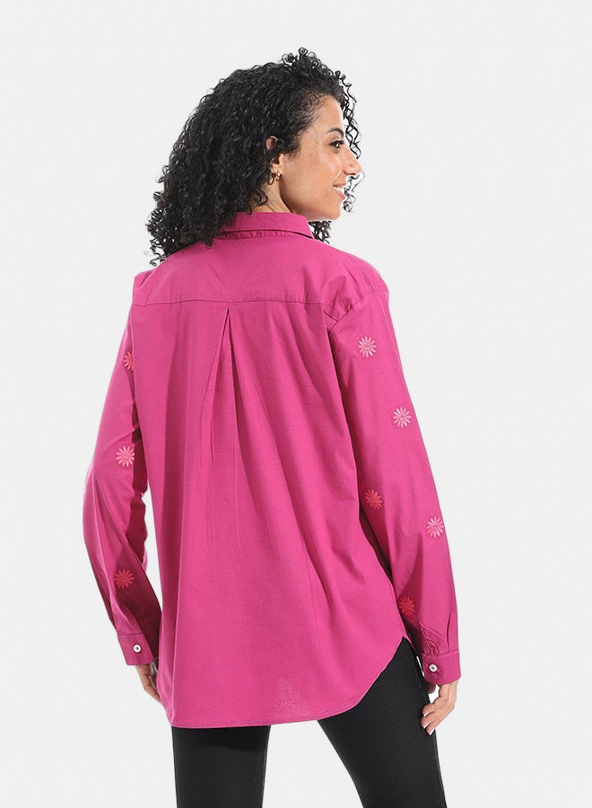 Andora Embrodired Long Sleeves Turned Down Collar Shirts _ Dark Pink - Image 4