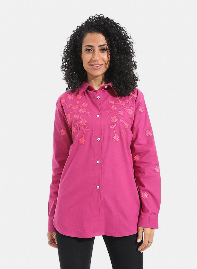 Andora Embrodired Long Sleeves Turned Down Collar Shirts _ Dark Pink - Image 1