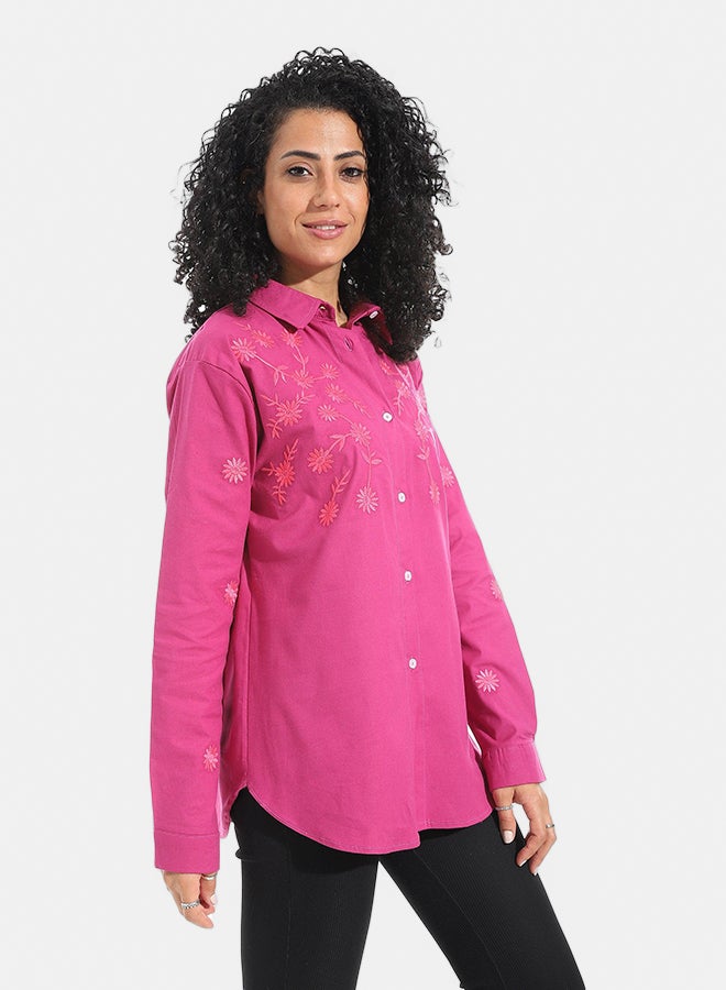 Andora Embrodired Long Sleeves Turned Down Collar Shirts _ Dark Pink - Image 2