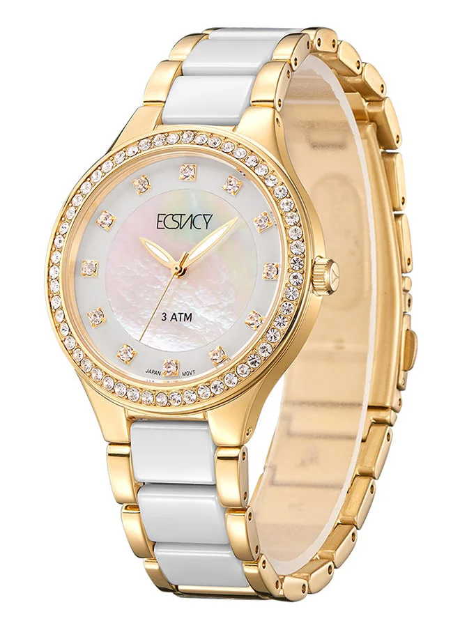 ECSTACY Ceramic Strap Round Shape Analog Wrist Watch E9511-GCWM - 36mm - Gold/White