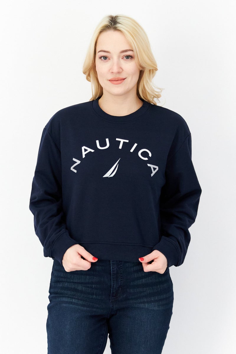 NAUTICA Women Crew Neck Brand Logo Long Sleeves Sweatshirt, Navy Blue - Image 1