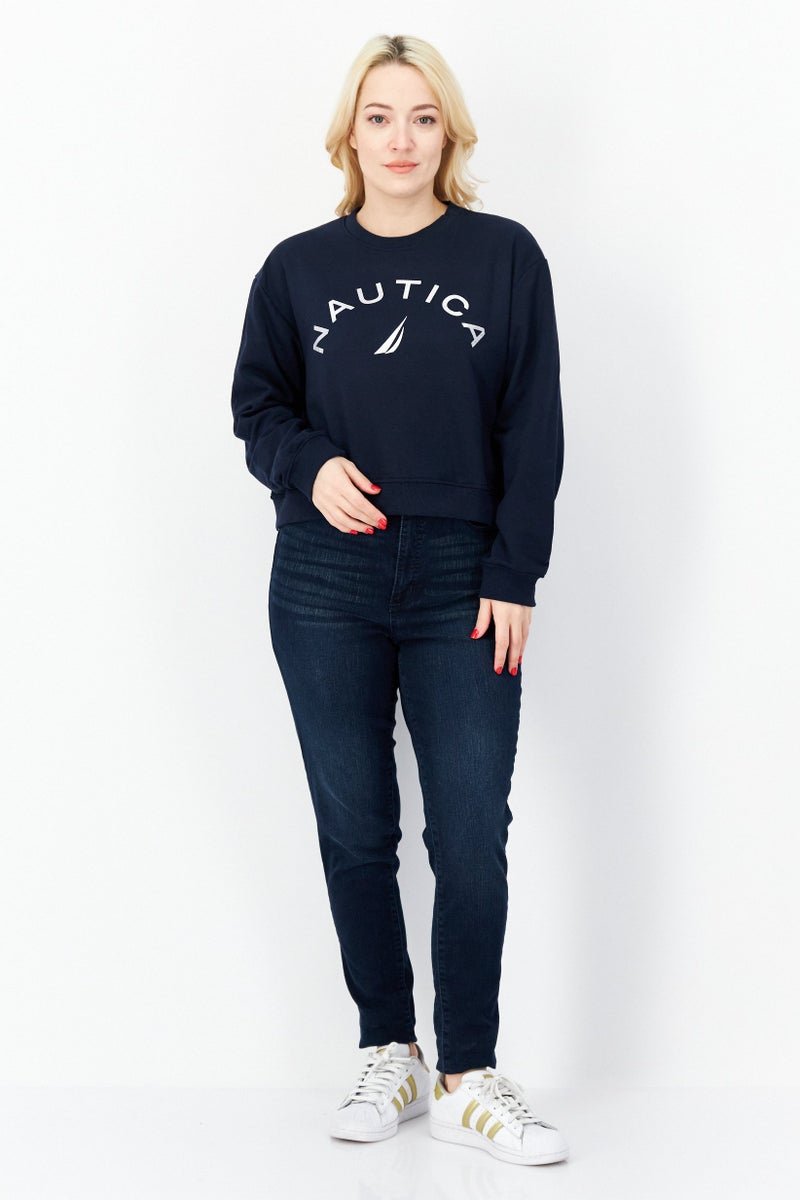 NAUTICA Women Crew Neck Brand Logo Long Sleeves Sweatshirt, Navy Blue - Image 4