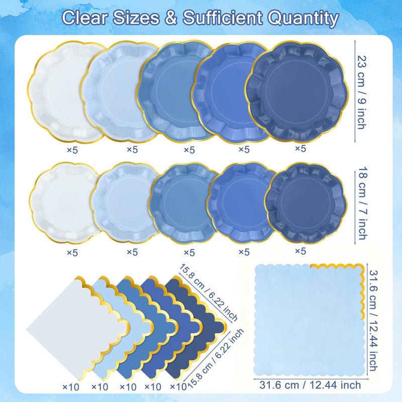 Kochorie 100 Pcs Dusty Blue Paper Plates and Napkins Gold Foil Scalloped Paper Plates & Napkins Disposable Tableware Set for Birthday Wedding Baby Shower Party Decorations - Image 2