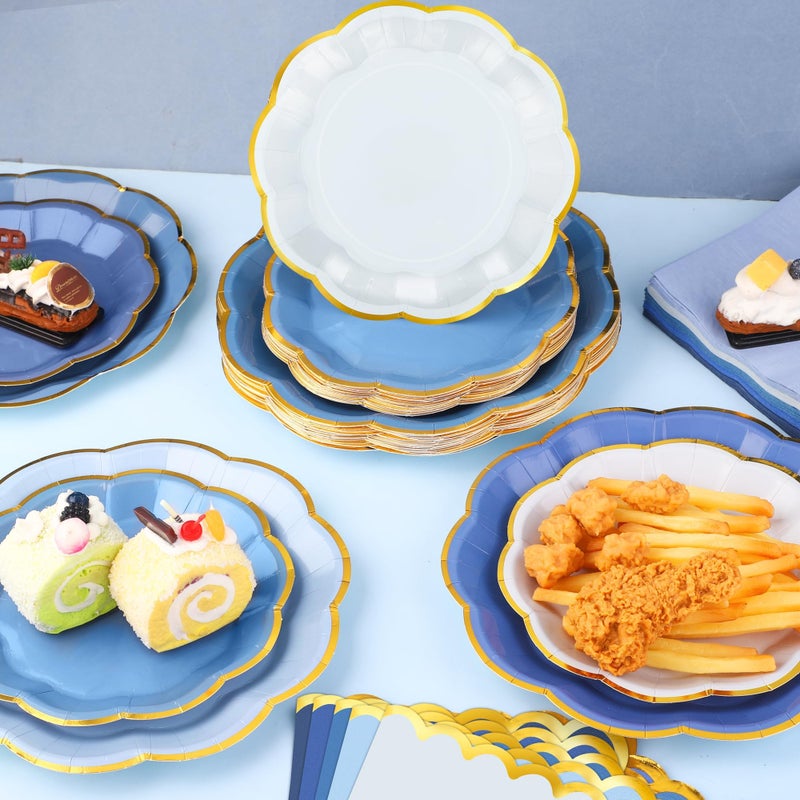 Kochorie 100 Pcs Dusty Blue Paper Plates and Napkins Gold Foil Scalloped Paper Plates & Napkins Disposable Tableware Set for Birthday Wedding Baby Shower Party Decorations - Image 5