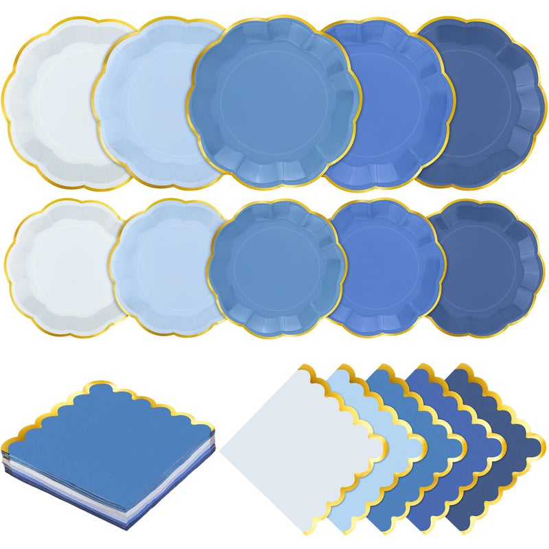 Kochorie 100 Pcs Dusty Blue Paper Plates and Napkins Gold Foil Scalloped Paper Plates & Napkins Disposable Tableware Set for Birthday Wedding Baby Shower Party Decorations - Image 1