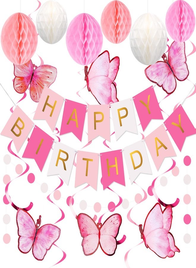meowtastic Birthday Decorations, Happy Birthday Banner with Honeycomb Balls, Butterfly Hanging Swirl Streamers, Circle Dots Garland, Happy Birthday Party Decorations for Women Girls (Pink & White) - Image 1