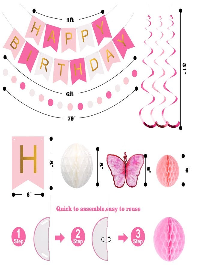 meowtastic Birthday Decorations, Happy Birthday Banner with Honeycomb Balls, Butterfly Hanging Swirl Streamers, Circle Dots Garland, Happy Birthday Party Decorations for Women Girls (Pink & White) - Image 3