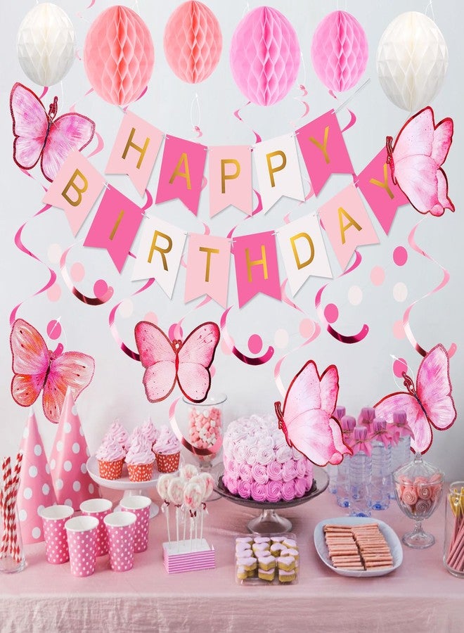 meowtastic Birthday Decorations, Happy Birthday Banner with Honeycomb Balls, Butterfly Hanging Swirl Streamers, Circle Dots Garland, Happy Birthday Party Decorations for Women Girls (Pink & White) - Image 2