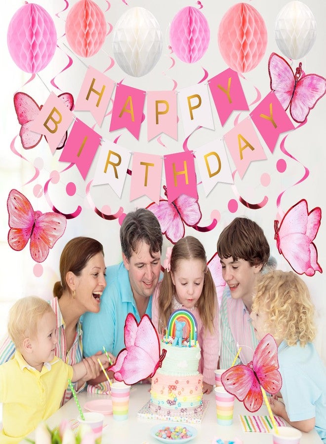 meowtastic Birthday Decorations, Happy Birthday Banner with Honeycomb Balls, Butterfly Hanging Swirl Streamers, Circle Dots Garland, Happy Birthday Party Decorations for Women Girls (Pink & White) - Image 4
