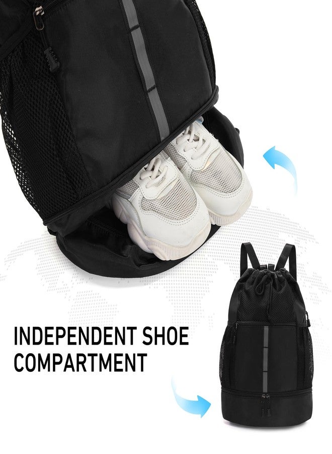 Valleycomfy Drawstring Gym Bag Sports Backpack With Shoe Compartment and Reflective Strips Black - Image 3