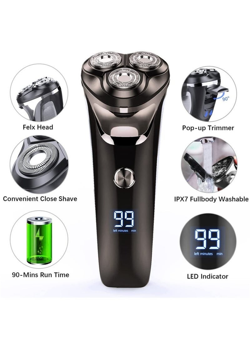 Wet Dry USB Rechargeable Cordless Shaving Machine 3D Rotary Shaver, Electric Razor for Men Waterproof with Pop-up Beard Trimmer, Lcd Display, Travel Lock