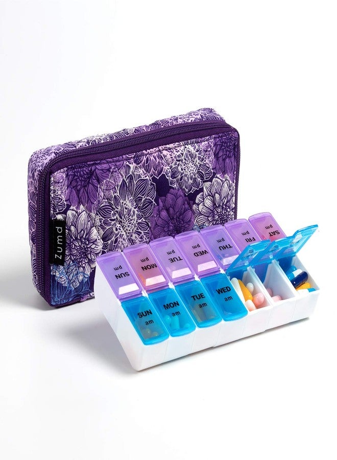 zumd علبة تنظيم حبوب زومد، علبة حبوب، علبة تنظيم فيتامينات دائرية لمدة 7 أيام (PB005-Violet Floral) - Image 1