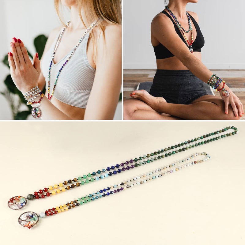 Bivei 108 Mala Beads Necklace Tree of Life 7 Chakra Wrap Bracelet Real Healing Gemstone Yoga Meditation Hand Knotted Mala Prayer Bead Necklace(African Turquoise 6mm) - Image 4