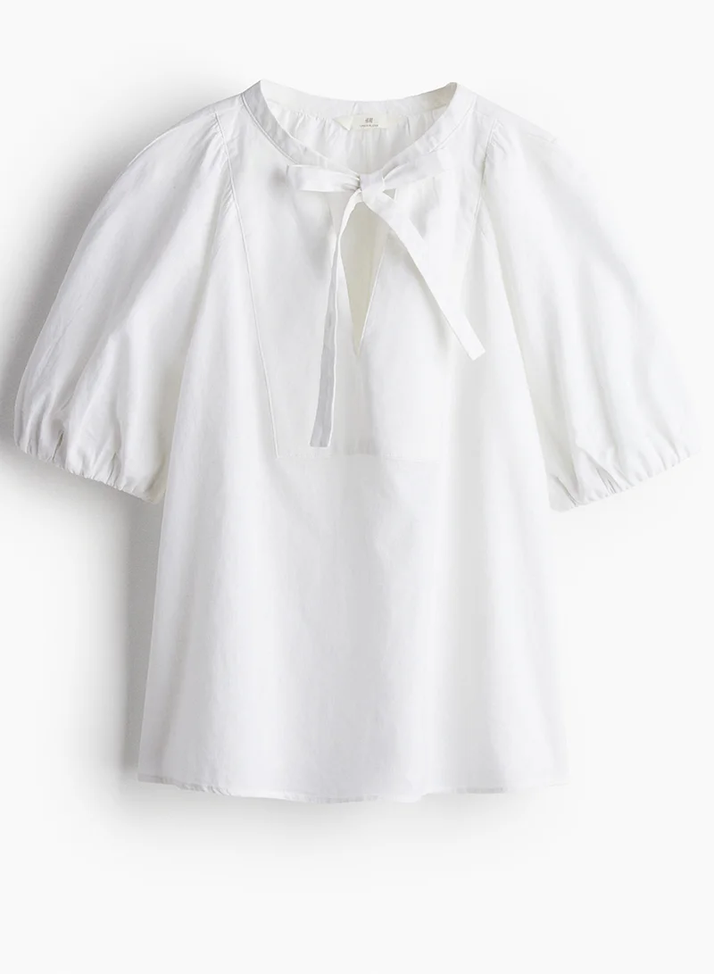 H&M Linen-Blend Tie-Neck Blouse