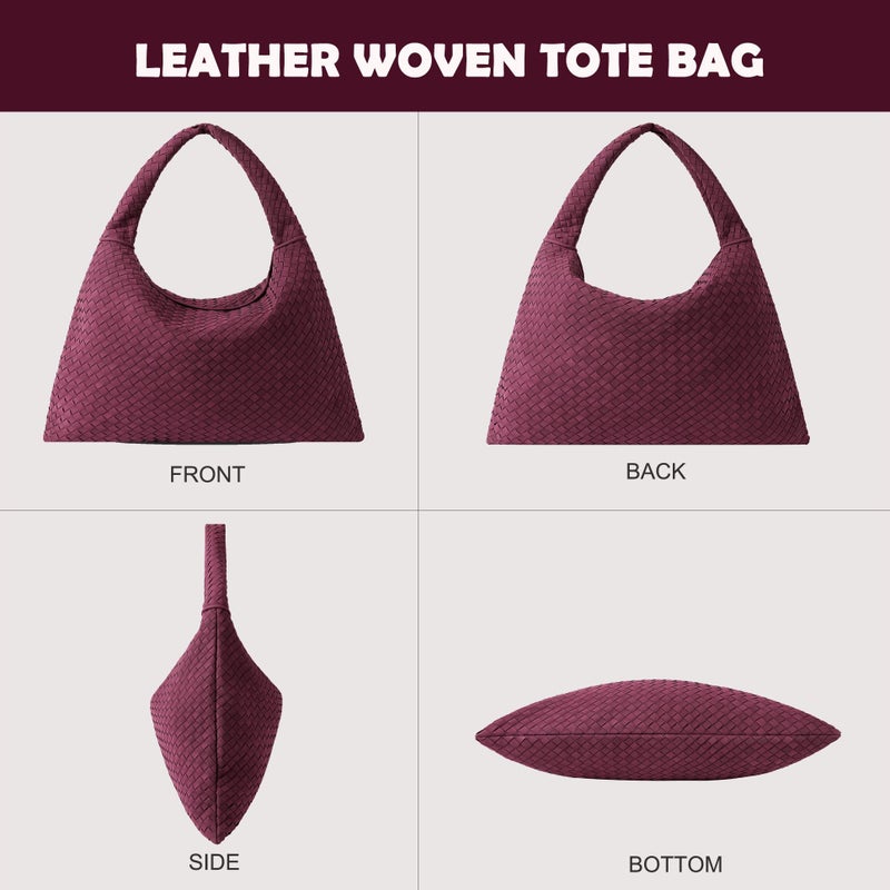 YLYYHH Vegan Leather Woven Tote Bag, Vintage Suede Hobo Bag, Suede Woven Purse, Large Leather Shoulder Bag Braided Handbag (Burgundy-Large) - Image 2