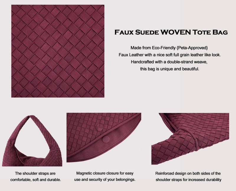 YLYYHH Vegan Leather Woven Tote Bag, Vintage Suede Hobo Bag, Suede Woven Purse, Large Leather Shoulder Bag Braided Handbag (Burgundy-Large) - Image 5