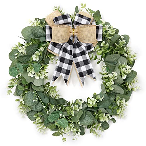 Dremisland Buffalo Plaid Wreath16 Inch Artificial Eucalyptus Wreath with Plaid Bow  Spring Summer Fall Wreath for Front Door Farmhouse Decor Festival Celebration Home Decor WhiteBlack Plaid