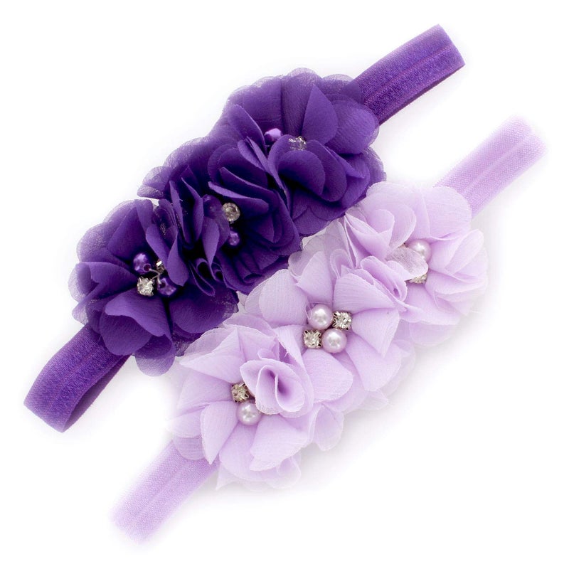 My Lello Girls Flower Headbands Toddler Fabric Beaded Trio Stretchy Elastic Pair (Purple/Lavender) - Image 1