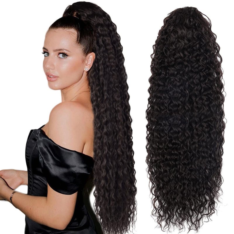 FASHION LINE Long Curly Drawstring Ponytail 30”Synthetic Clip In Ponytail Extensions Brown Color for Women Afro Curly Corn Wave Clip on Ponytail (#4)