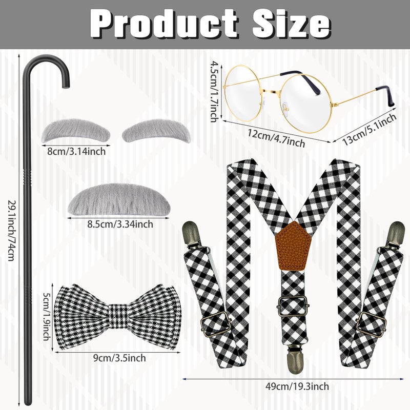 Horolam Kids Old Man Costume, Kids 100 Days of School Costume for Boys with Fake Beard Eyebrow Walking Cane Glasses Suspender - Image 2