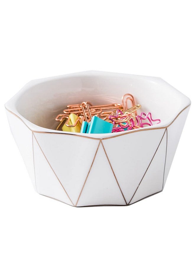 YOSCO Paper Clip Holder With Gold Line Geometric Ceramic Paper Clip Dispenser For Desk Cute Paper Clip Organizer Office Binder Clip Holder (White) - Image 1