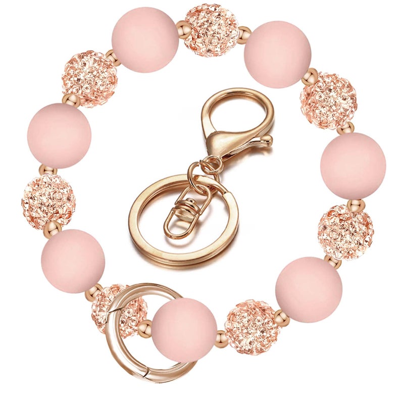 M-Plateau Wristlet Keychain, Silicone Beaded Wrist keychain with Key Ring for Women, Elastic Keychain Bracelet (Pink Gold) - Image 1