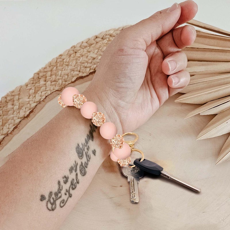 M-Plateau Wristlet Keychain, Silicone Beaded Wrist keychain with Key Ring for Women, Elastic Keychain Bracelet (Pink Gold) - Image 4