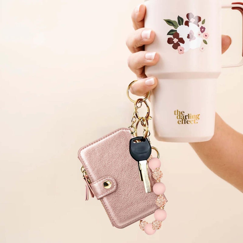 M-Plateau Wristlet Keychain, Silicone Beaded Wrist keychain with Key Ring for Women, Elastic Keychain Bracelet (Pink Gold) - Image 5