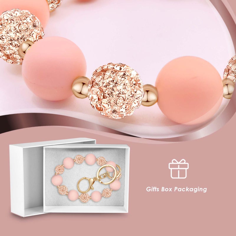 M-Plateau Wristlet Keychain, Silicone Beaded Wrist keychain with Key Ring for Women, Elastic Keychain Bracelet (Pink Gold) - Image 3