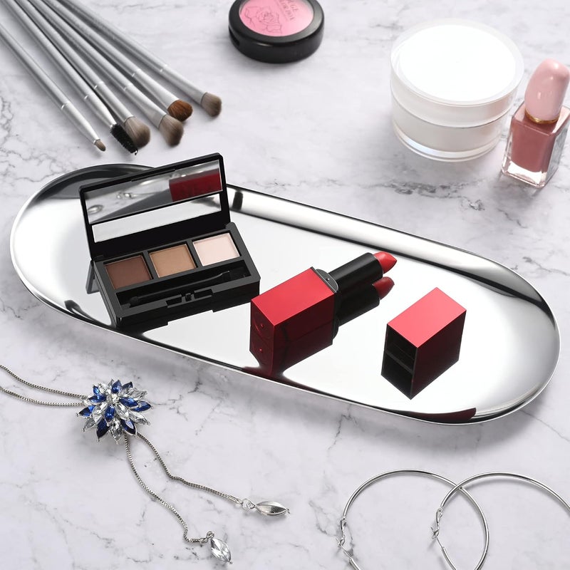 Bidponds 2 Pack Silver Oval Vanity Tray, Stainless Steel Jewelry Tray, Bathroom Tray, Makeup Cosmetic Trays,Towel Napkin Tray,Storage Organizer,11.8 x 4.8 inches (LxW),Large - Image 5