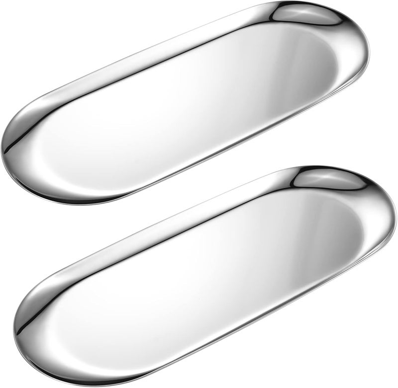 Bidponds 2 Pack Silver Oval Vanity Tray, Stainless Steel Jewelry Tray, Bathroom Tray, Makeup Cosmetic Trays,Towel Napkin Tray,Storage Organizer,11.8 x 4.8 inches (LxW),Large - Image 1
