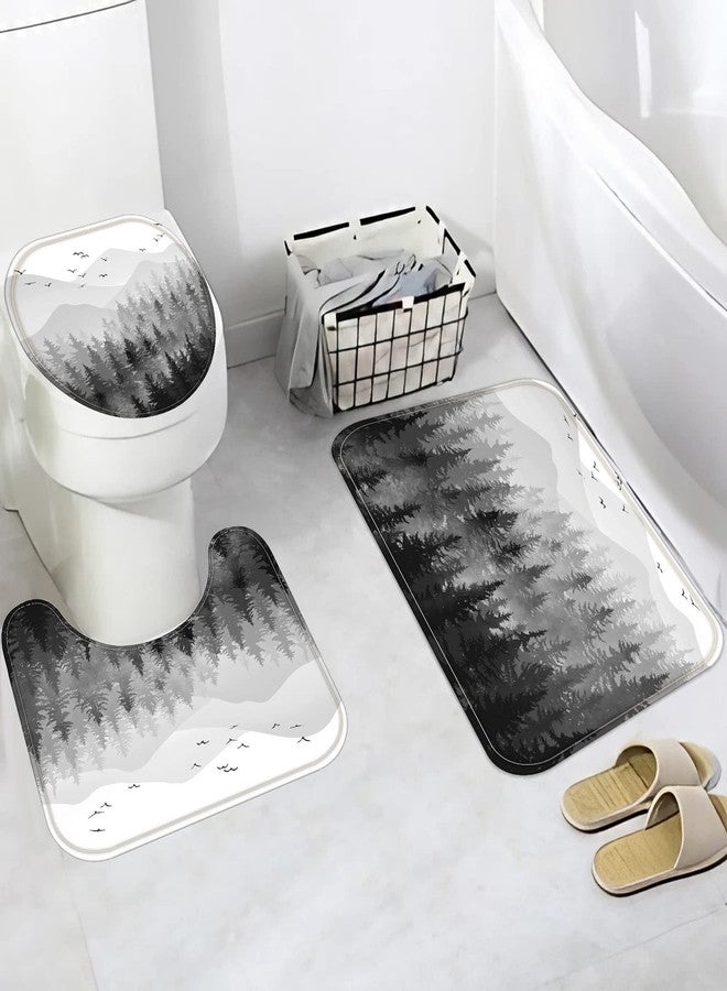 Fungarth 4 Pcs Black White Misty Forest Shower Curtain Set with Rug Mountain Bathroom Sets with Waterproof Fabric Shower Curtain and Non-Slip Rugs Toilet Lid Cover Bath Mat Decor with Hooks (Black) - Image 3