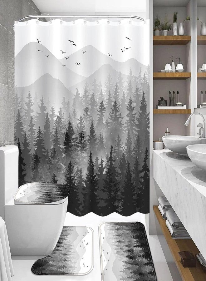 Fungarth 4 Pcs Black White Misty Forest Shower Curtain Set with Rug Mountain Bathroom Sets with Waterproof Fabric Shower Curtain and Non-Slip Rugs Toilet Lid Cover Bath Mat Decor with Hooks (Black) - Image 4