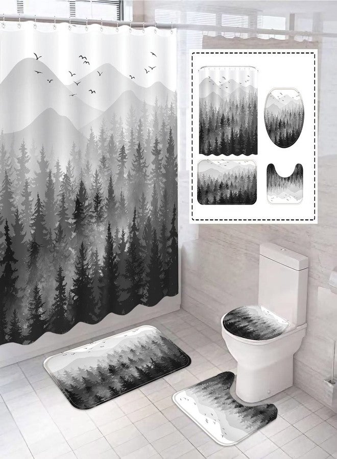 Fungarth 4 Pcs Black White Misty Forest Shower Curtain Set with Rug Mountain Bathroom Sets with Waterproof Fabric Shower Curtain and Non-Slip Rugs Toilet Lid Cover Bath Mat Decor with Hooks (Black) - Image 1