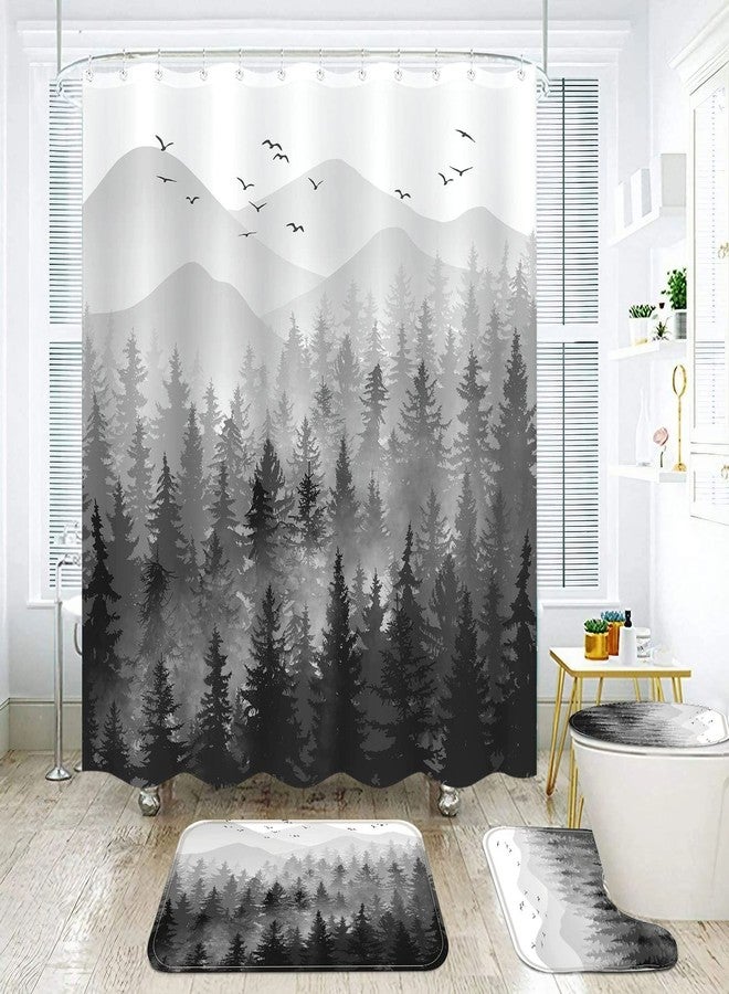 Fungarth 4 Pcs Black White Misty Forest Shower Curtain Set with Rug Mountain Bathroom Sets with Waterproof Fabric Shower Curtain and Non-Slip Rugs Toilet Lid Cover Bath Mat Decor with Hooks (Black) - Image 2