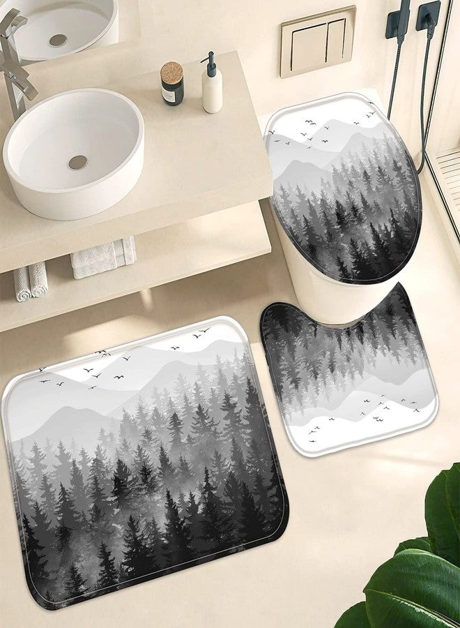 Fungarth 4 Pcs Black White Misty Forest Shower Curtain Set with Rug Mountain Bathroom Sets with Waterproof Fabric Shower Curtain and Non-Slip Rugs Toilet Lid Cover Bath Mat Decor with Hooks (Black) - Image 5
