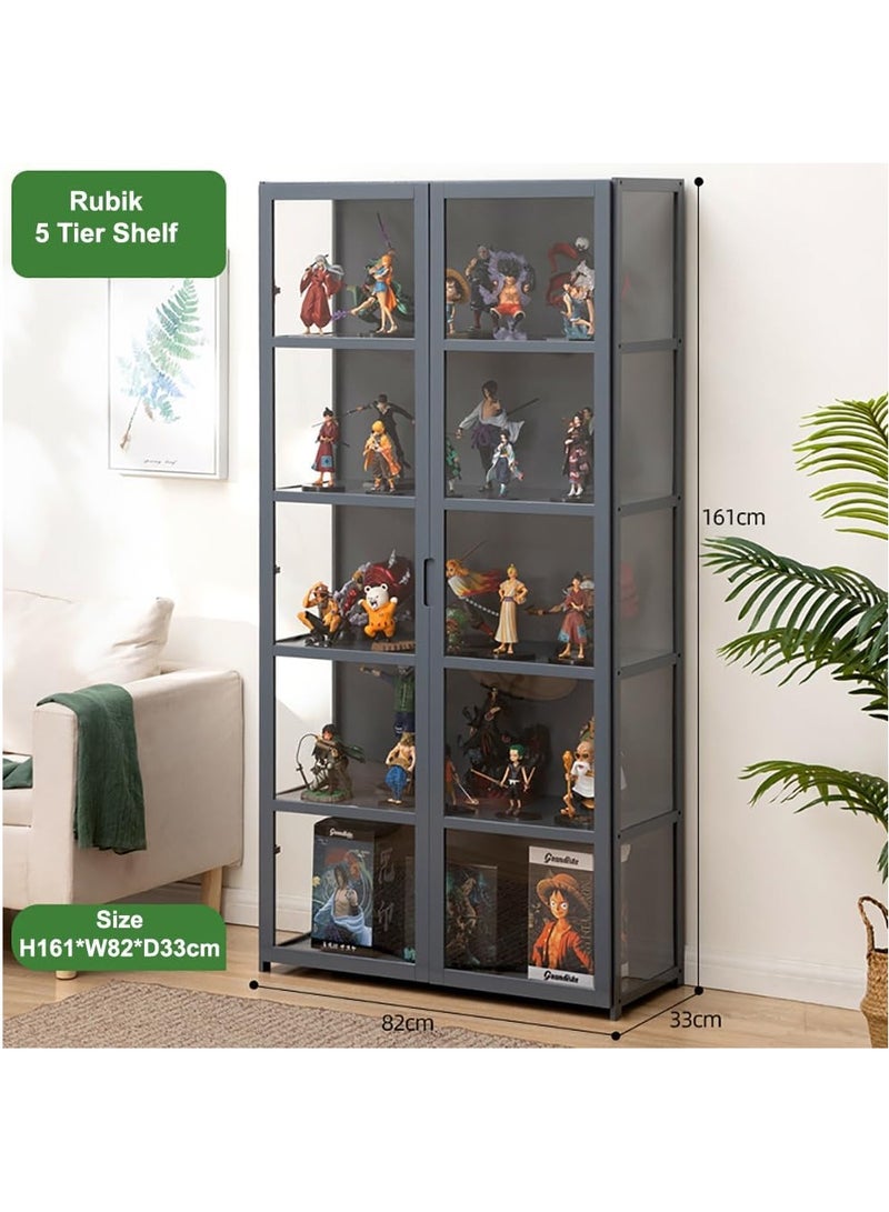 Rubik خزانة عرض مع نوافذ أكريليك وأبواب مزدوجة، رف كتب من الخيزران 5 طبقات لتنظيم التخزين لغرفة المعيشة أو المكتب أو غرفة النوم - رمادي - Image 3