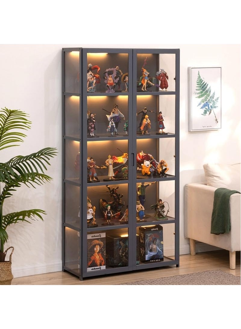 Rubik خزانة عرض مع نوافذ أكريليك وأبواب مزدوجة، رف كتب من الخيزران 5 طبقات لتنظيم التخزين لغرفة المعيشة أو المكتب أو غرفة النوم - رمادي - Image 4