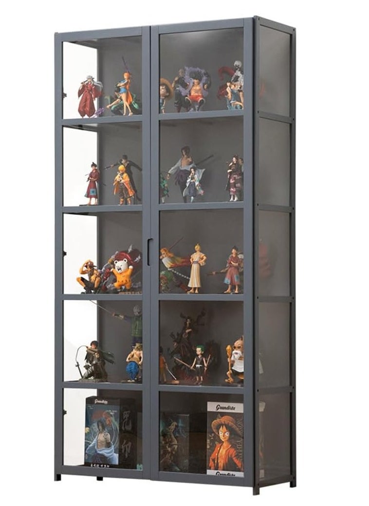 Rubik Display Cabinet with Acrylic Windows Double Doors, Bamboo Bookcase Bookshelf 5 Tier Shelf Storage Organizer for Living Room Office Bedroom - Grey  - Image 1